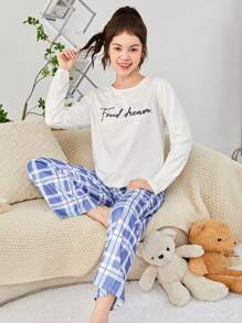青少年女孩針織字母印花 T 恤和格紋長褲睡衣套裝 - 淺藍色 - 查看 1