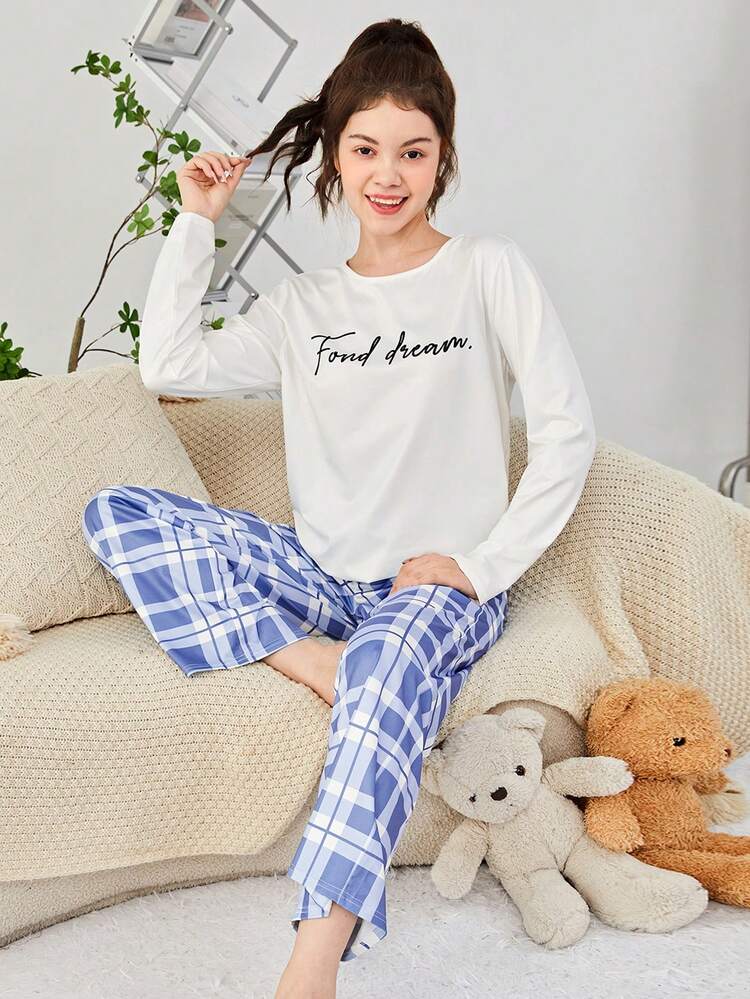 Teen Girls' Knitted Letter Print T-shirt & Plaid Pants Pajama Set