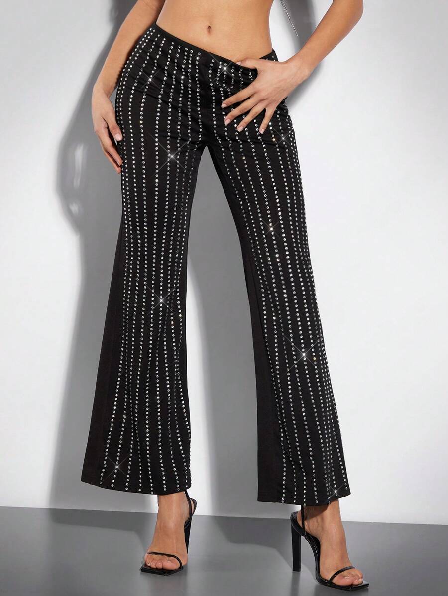 SHEIN BAE Thickened Delicate Rhinestone Summer Streetwear Low Waist Flared Pants In Solid Black - Black - View 1