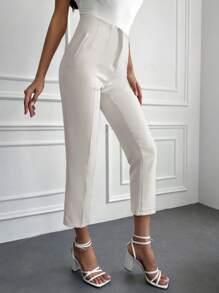 EURMUSE High Waist Cropped Suit Trousers - Beige - View 4