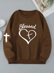 SHEIN EZwear Women'S Cross Love Print Crew Neck Sweatshirt - Coffee Brown - View 5