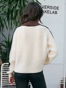 Anewsta Women's Color Block Casual Half Zip Sweater Knit Pullover Fall Winter Outfit - Apricot - View 2