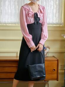 Simple Retro Patchwork Black Bow Tie Ruffle Round Neck Long Dress - Black - View 4
