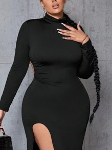 SHEIN SXY Women'S Plus Size Solid Color Stand Collar Backless Slit Dress - Black - View 6