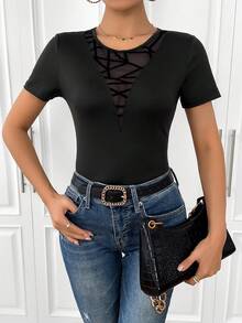 Chiquease Ngẫu nhiên Họa tiết Hình học Chèn lưới Áo thun - màu đen - Xem 4