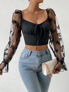 SHEIN Privé 植絨網布拼接短上衣 - 黑色 - 查看 5