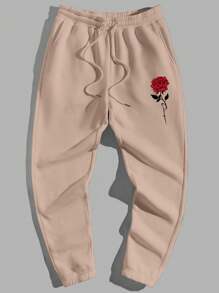 RueChic Men'S Rose Print Drawstring Waist Sweatpants - Camel - View 5