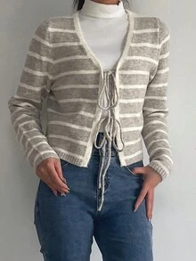 鬆身顏色分塊條紋系帶前女士針織外套 - 駝色 - 查看 1