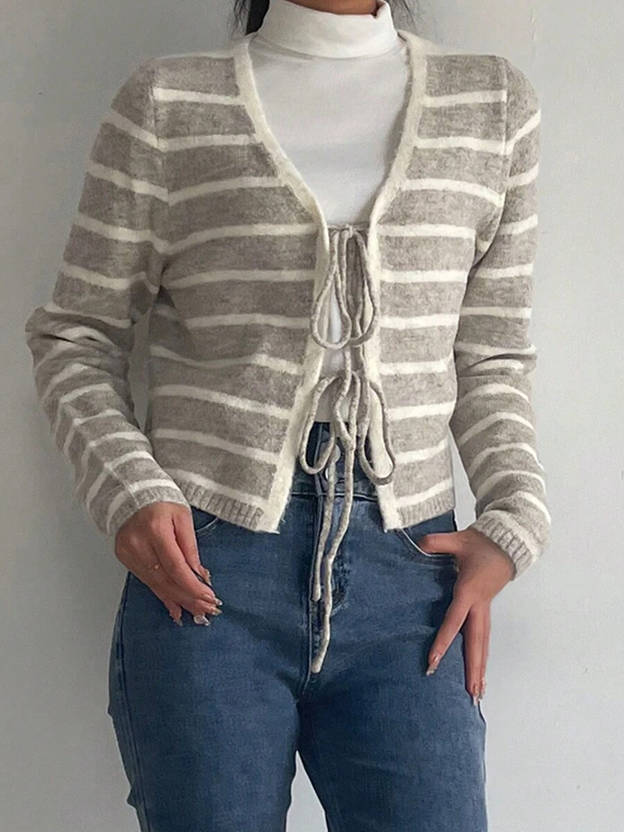 鬆身顏色分塊條紋系帶前女士針織外套 - 駝色 - 查看 1
