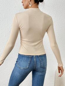 SHEIN Essnce Women's Zipper Half Placket Long Sleeve T-Shirt - Apricot - View 2