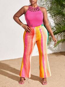 Slaydiva Conjunto de Top de tirantes con recorte en la espalda estampada, talla grande el conjunto de Top de hombros descubiertos de talla grande para verano - Multicolor - Ver 3