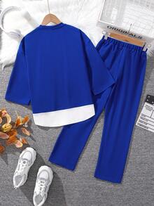 Tween Girl Two Tone Drop Shoulder 2 In 1 Tee & Pants - Blue - View 2