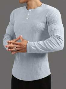 男士純色半扣接領恤衫 - 淺灰色 - 查看 1