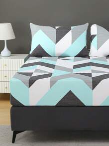 3 件套床笠套装，90 克超细纤维，几何线条图案，1 件床笠 + 2 个枕套 - 水鴨藍 - 查看 8