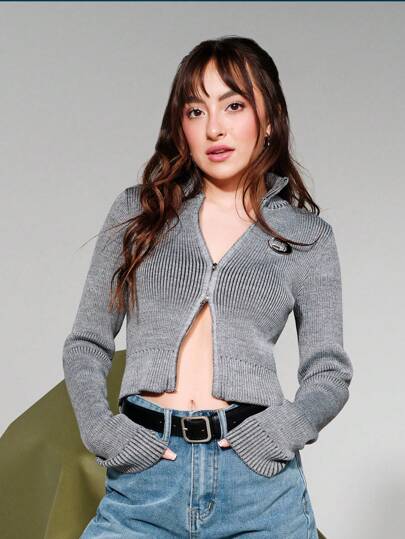 SHEIN EZwear Cárdigan Con Frente Abierto Y Cremallera Con Insignia Metálica Para Mujer