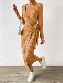 SHEIN Essnce 結飾側裹身洋裝 - 黃色 - 查看 3