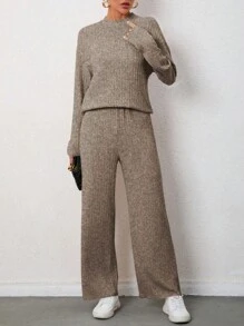 SHEIN Essnce Solid Color Drop Sleeve T-Shirt And Trousers Two-Piece Set - Coffee Brown - View 7