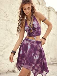 Bohemela Resort Women'S Front Knotted Tie-Dye Halterneck Top And Skirt Two-Piece Set