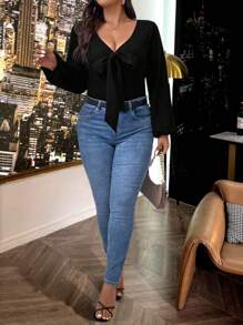 SHEIN LUNE 大尺碼女蝴蝶結燈籠袖上衣 - 黑色 - 查看 3