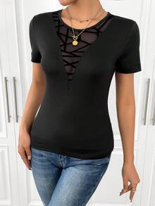 Chiquease Ngẫu nhiên Họa tiết Hình học Chèn lưới Áo thun - màu đen - Xem 6