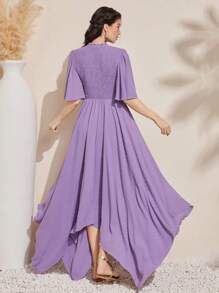 Modelyn Shirred Paneled Bell Sleeve Dress Without Belt - Purple - View 2