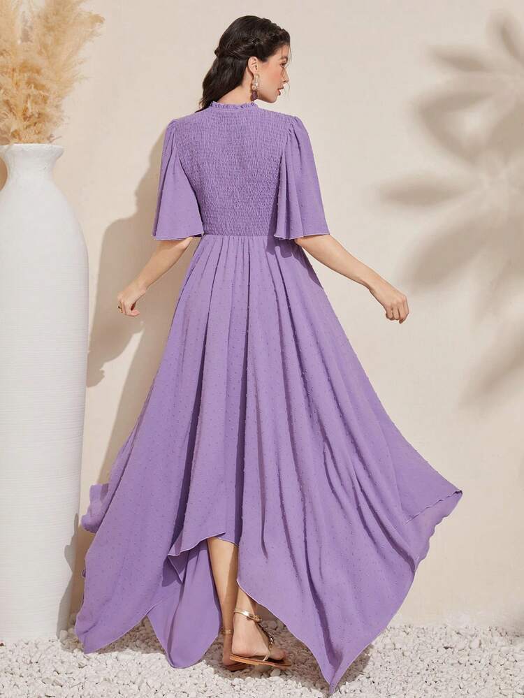 Shirred Paneled Bell Sleeve Dress Without Belt
