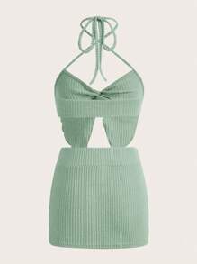 SHEIN ICON Mặt trước xoắn Áo hai dây & Váy - Màu xanh Bạc hà - Xem 2