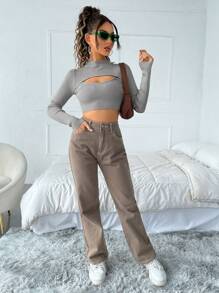 SHEIN ICON Women's Stand Collar Hollow Sweater - Grey - View 5