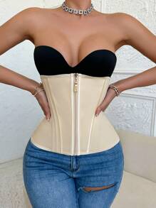 1pc Zipper & Hooks Closure Front Waist Trainer - Beige - View 5