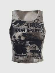 Grunge Punk Top débardeur à imprimé lettres yeux tie-dye, école