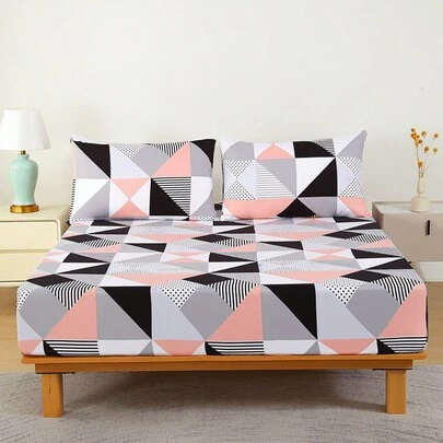 3 件套床笠套装，90 克超细纤维，几何图案，1 件床笠 + 2 个枕套