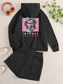 SHEIN EZwear Women'S Letter Print Hooded Sweatshirt Shorts Two-Piece Set - Black - View 4