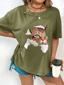 Calvaya Plus Cat Print Drop Shoulder Tee - Olive Green - View 1