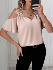 SHEIN Clasi Women's Off-Shoulder Ruffle Sleeve Blouse - Khaki - View 6