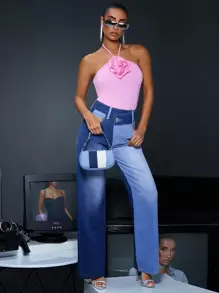 SHEIN BAE Vaqueros Regulares De Talle Medio Para Mujer - Azul - Ver 3