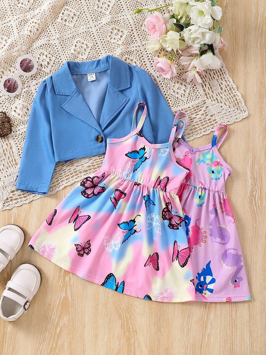 Bộ nhiều món cho bé gái Áo khoác ngắn in kỹ thuật số phong cách xuân thu với váy cami in đầy đủ - Nhiều màu - Xem 1