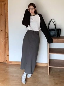 DAZY Màu thuần Chân váy Denim thẳng - Xám - Xem 3