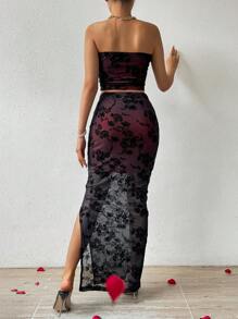 SHEIN Privé Black Flocked Women's Two-Piece Set - Black - View 2