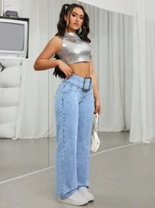 SHEIN ICON Buckle Belted Straight Leg Jeans