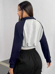 SHEIN EZwear 女士字母拼色短raglan袖運動毛衣 - 藍色 - 查看 2