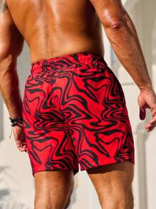Manfinity Swimmode Men'S Abstract Fluid Print Drawstring Beach Shorts,Hawaiian - Multicolor - View 2