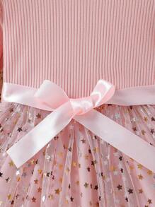 SHEIN Glamorique Kids Young Girl Knitted Long-Sleeved Tutu Dress Star Mesh Princess Dress