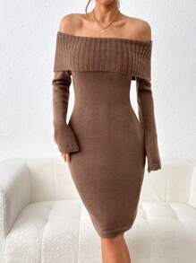 Chiquease Off-The-Shoulder Long-Sleeve Slim Fit Sweater Dress - Coffee Brown - View 1