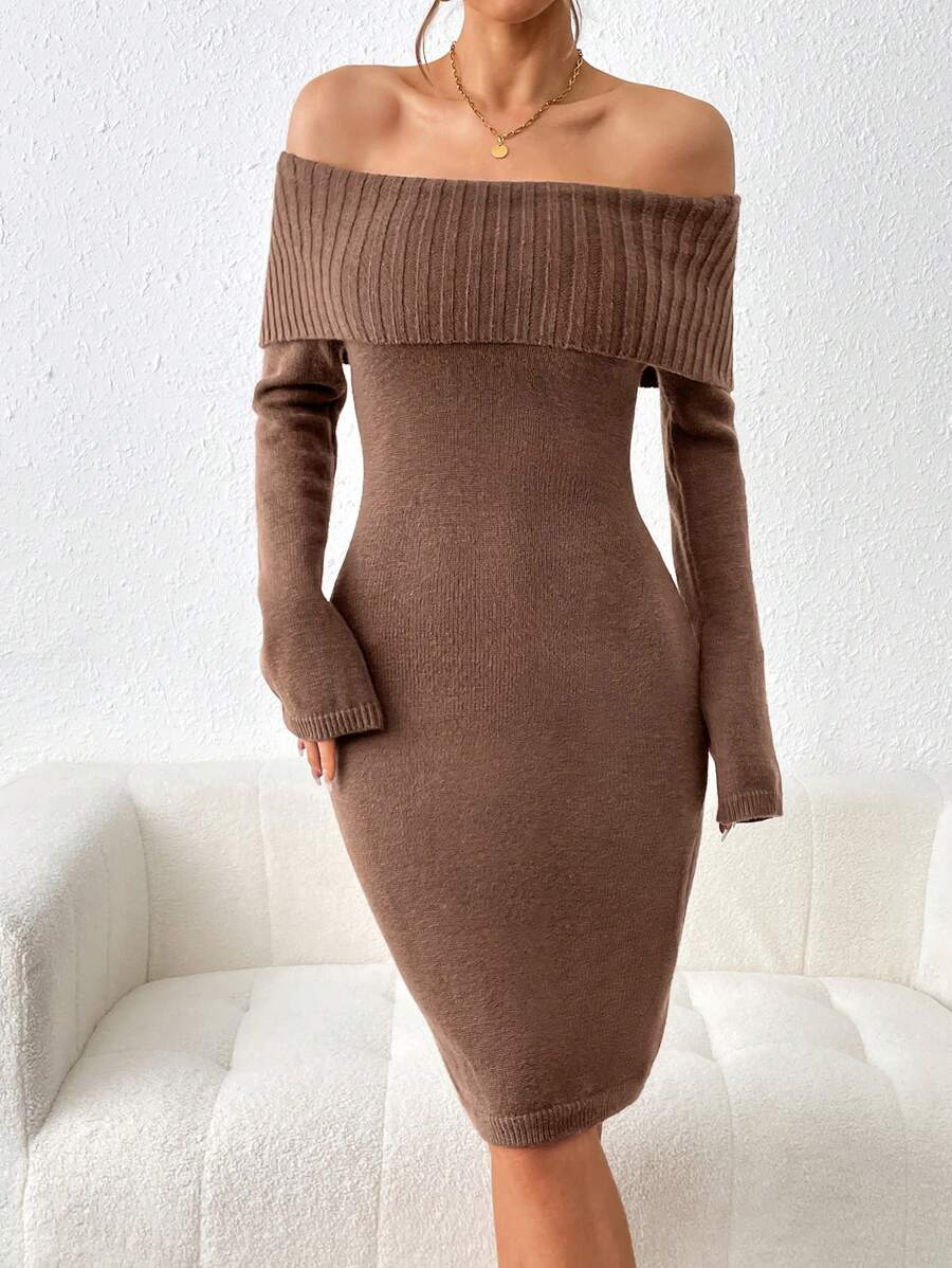 Chiquease Off-The-Shoulder Long-Sleeve Slim Fit Sweater Dress - Coffee Brown - View 1