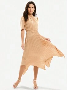 Aveloria 純色立領短袖不對稱下擺連身裙