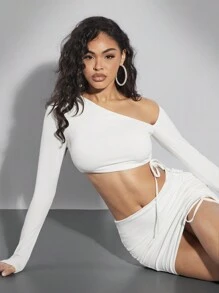 SHEIN BAE 女士白色露肩不對稱下擺長袖短款上衣和短款提花迷你裙套裝 - 白色 - 查看 1