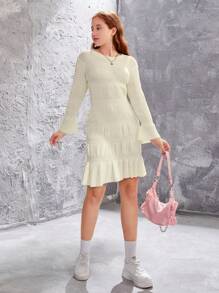 青少年女孩蓮藕袖荷葉邊毛衣洋裝 - 白色 - 查看 6