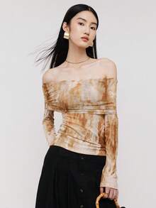 Tie Dye Off Shoulder Mesh Top - Gold - View 2