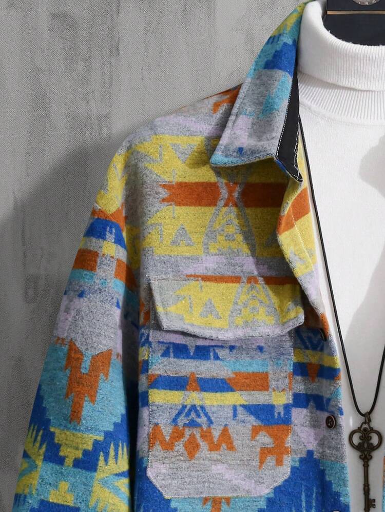 Men'S Geometric Pattern Flap Pocket Shacket