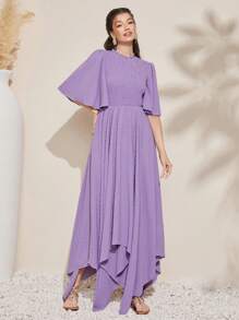 Modelyn Shirred Paneled Bell Sleeve Dress Without Belt - Purple - View 5